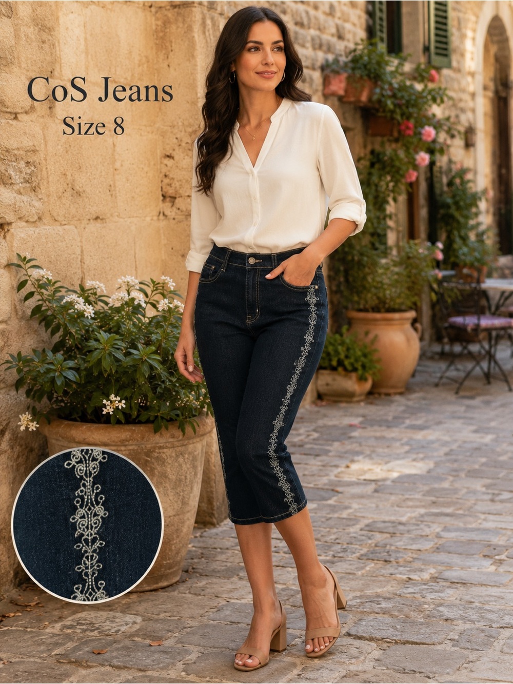 CoS Jeans Embroidered Capri Jeans Size 8 Dark Wash Stretch Crop Denim